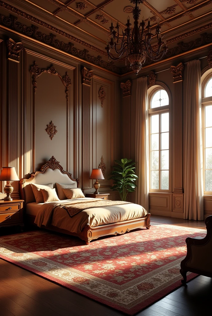 Luxurious brown royal bedroom, full view of the room, withouth People, with bed, with windows, bedside table and chairs, big fit ass, tenebrosa
