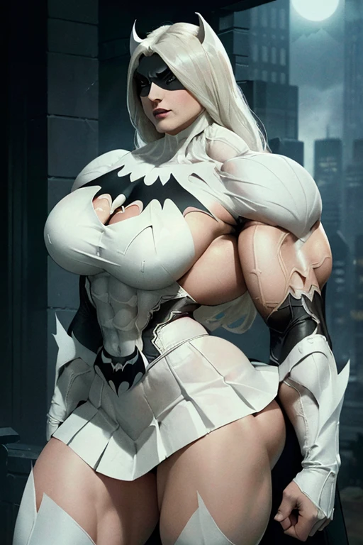 (((Close-up))), tall, (White hair) beautiful muscular woman, long straight hair, brown skinned, closed smile, large breast, (black lipstick), (massive muscles), (hyper muscle), ((ginormous bulky muscles)), blue eyes, ((((white batwoman suit)))), ((long white pleated skirt)), gauntlets, choker, boots, (in gotham city)