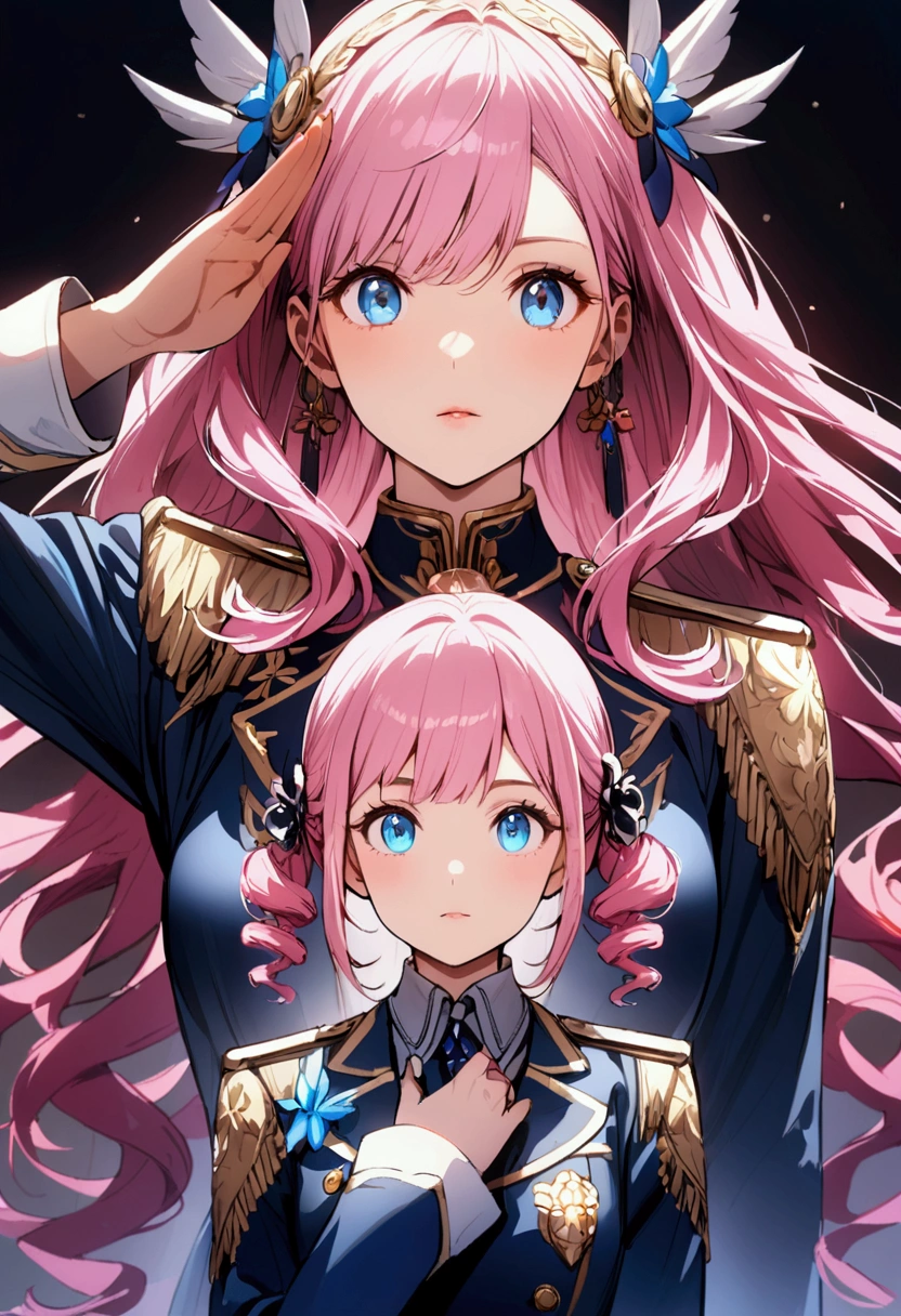 uniform、salute、Girl with pink hair、blue eyes、Twin Drill、A scene from a movie、Upper Body