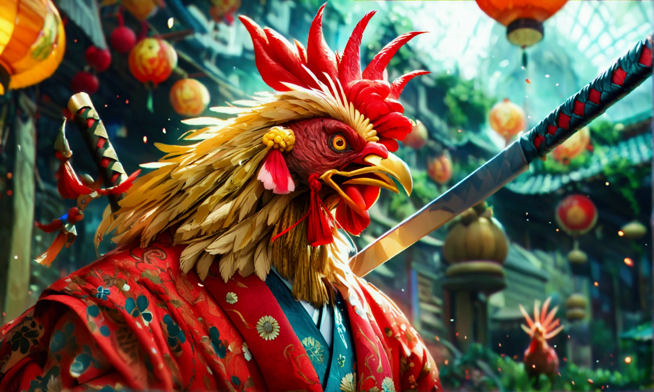 Humanoid rooster, wearing a red kimono, looking angry, katana at his waist, "Intricate anime character design inspired by One Piece, stunning lighting, stunning focus, stunning face, creative details, ultra-fine 2D design, scenery bathed in creativity, boasting 2D anime resolution clarity, 4K, high resolution, incredible resolution, high-octane rendering"