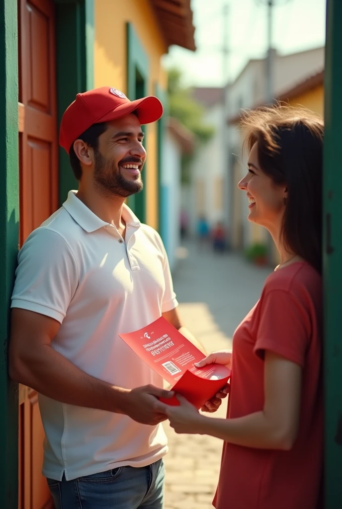 A smiling man in a white polo shirt and red cap knocking on a door, The person who answers the door smiles while the person who knocks on the door is seen showing him a red leaflet with what appears to be internet promotions.. The street looks like a Latin American street.
