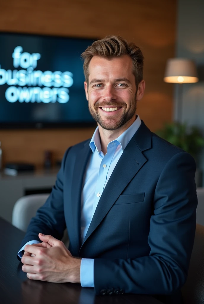 brown hair and a confident expression, sitting area and is decorated with elegant furniture and modern technology. The executive is wearing a well-fitting dark blue suit without a tie which complements his outfit., while smiling. On the back there is a LED television with a screen inside that shows legible letters " Insurance for business owners"