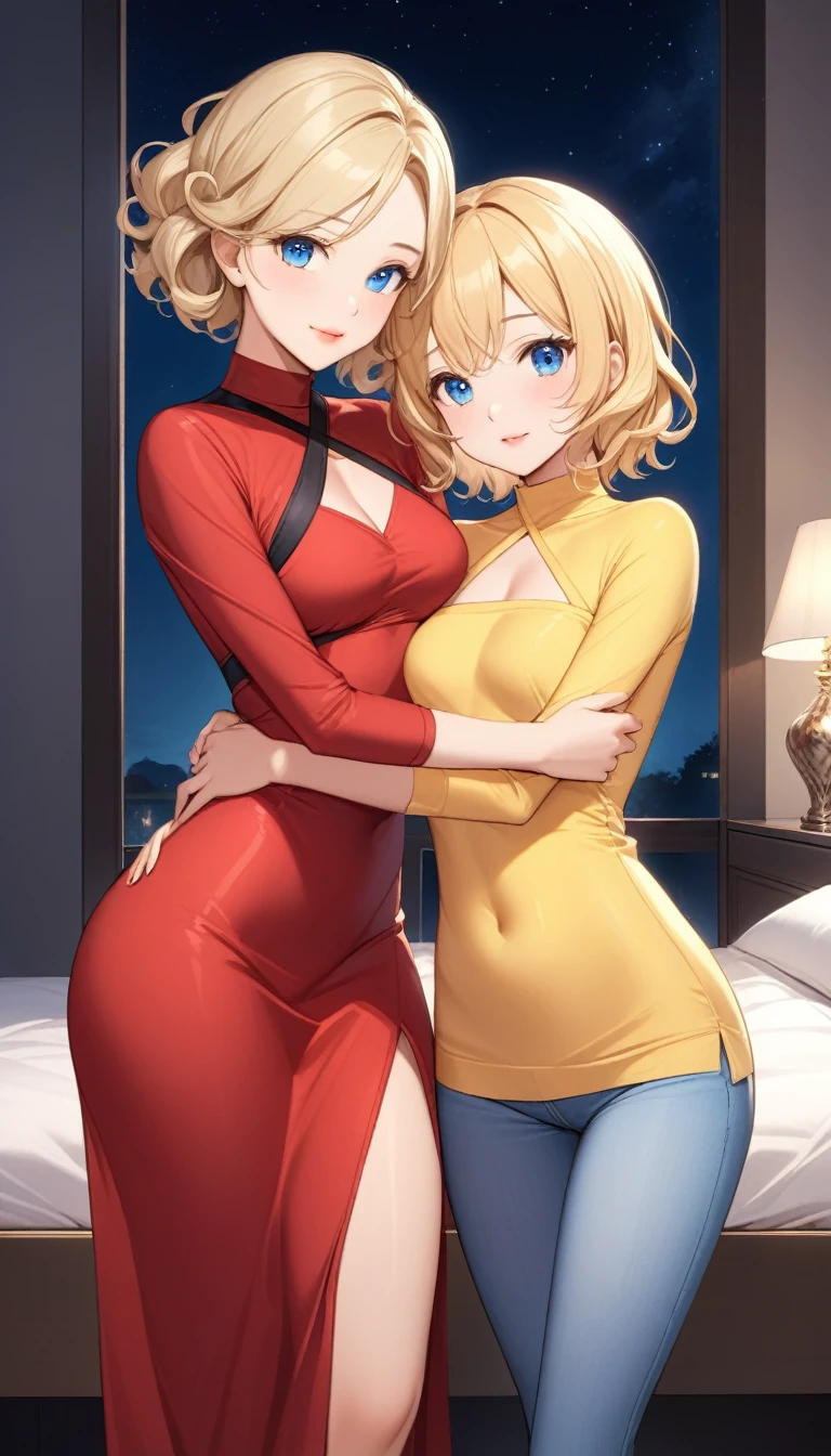 Two beautiful ladies ((lady 1: 35y old mom, with mid straight blonde hair, lady 1 with blue eyes and caucasian skin, lady 1 wearing Tight and Short Jeans, lady 1 Sexy Criss Cross Mock Neck Mid Sleeves Yellow Blouse)), ((lady 2: 13y old daughter, with short curly blonde hair, lady 2 with blue eyes and caucasian skin, lady 2 wearing Tight and Short Dress, lady 2 Sexy Criss Cross Mock Neck Mid Sleeves Red Dress)), luxurious jewelry, 18k gold wedding ring on left hand, standing in their bedroom at night, hugging and kissing each other, (light brown lipstick), (elegant mascara), (slim body), (small breasts), (wide hips), endjourney, <lora:GoodHands-, <lora:GoodLegs-, UHD, high resolution, (expressive eyes, perfect face, full body, expressive face, perfect body, perfect pussy, athletic, fit, slim body, blushing, Perfect makeup, eyeliner, beautiful eyelashes, smiling, horny face), ((best illumination, best shadows)), ((sexy pose)), ((Front pov:1.7))