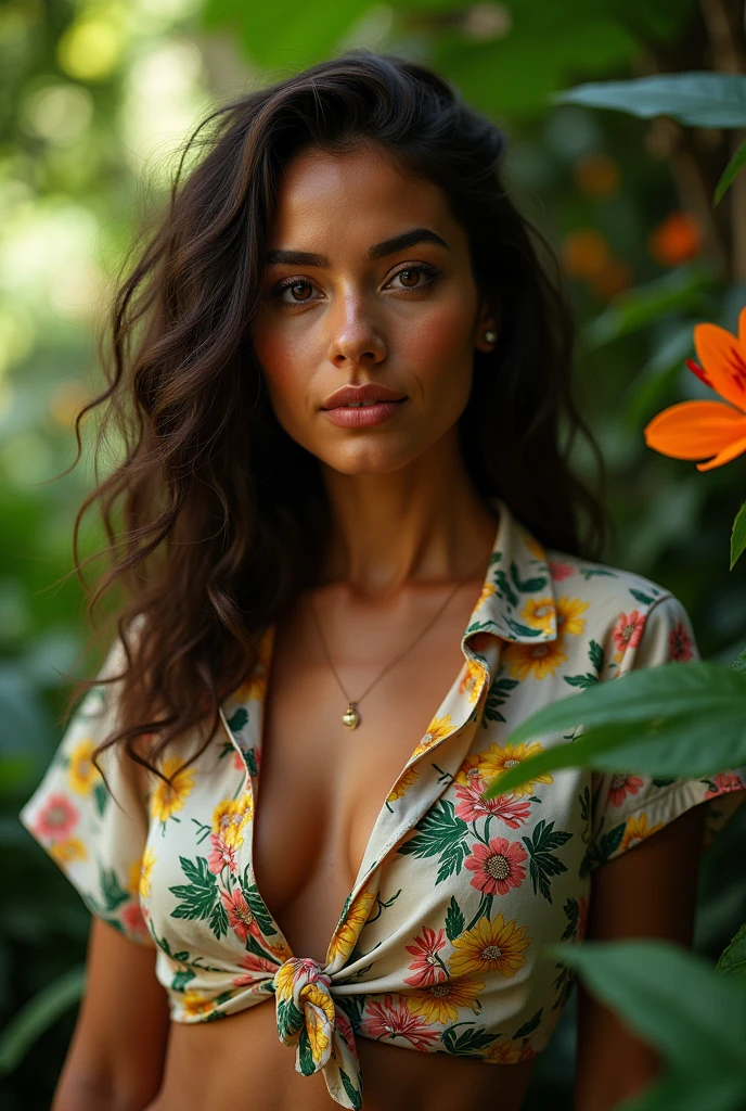 A Brazilian woman in a lush tropical garden, wearing an open shirt with a floral print, with a close-up capturing the harmonious beauty between her breasts and the natural flowers, showing off your natural charm and outgoing personality.