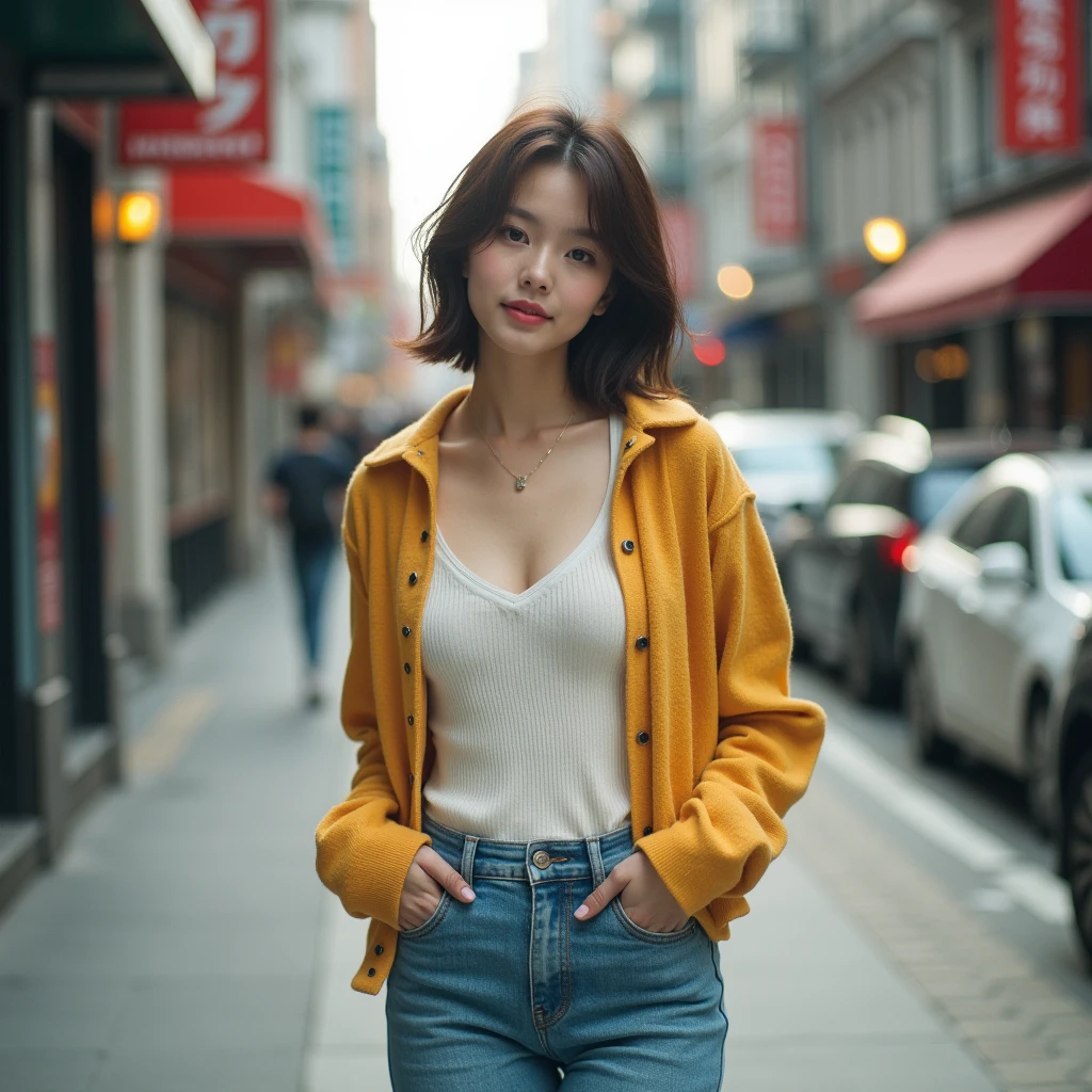 Photorealistic portrait of a fabulous, film grain, Highest quality, Ultra-high resolution, Japanese woman, 25years old, Height: 165 cm, slim,  long face, fashion model posing,looking at the camera, short hair, shoulder length, brown hair, shy smile, flirty, jeans, necklace, at street, Walking, Leaning Forward