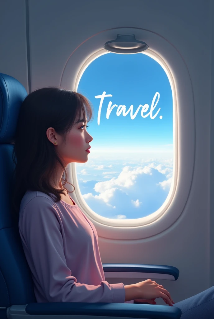 Create an image in vertical format, that reflects a woman sitting inside an airplane looking out the airplane window, May the sky read the word TRAVEL