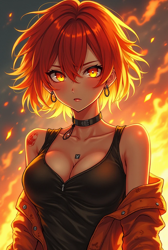 An anime style woman, that she is a pyromaniac, May the colors of your hair be like that of fire.May your hair be short and your eyes be amber colored. Wear post-apocalyptic clothing. That he has a pretty big burn on his cheek. 