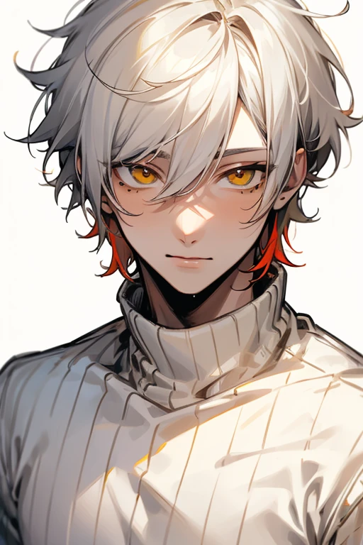Hot guy, solo male, white hair black below, messy short hair, middle part, yellow eyes, pale skin, red cheeks, cute facial expressions, male, sexy guy, sweater, soft smile, cute and loving man, mole on face