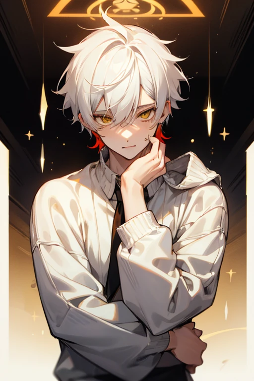 Hot guy, solo male, white hair black below, messy short hair, middle part, yellow eyes, pale skin, red cheeks, cute facial expressions, male, sexy guy, sweater, soft smile, cute and loving man, mole on face