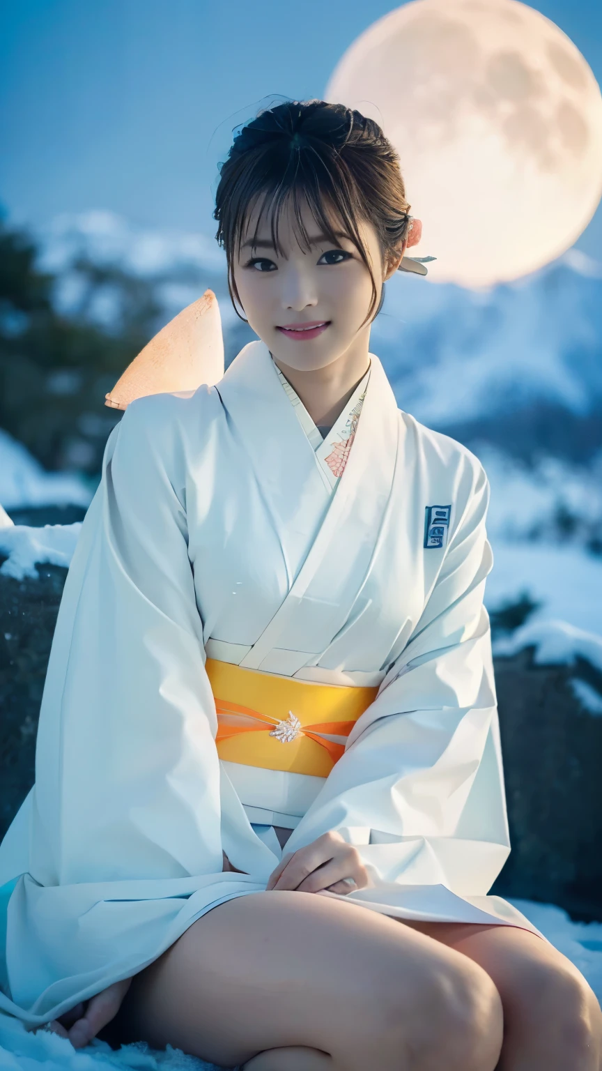 First Person,Perfect Anatomy ,(((Wear thin white kimono that exposes as little skin as possible,Beautiful woman sitting with her knees together on a rock in a snowy mountain at night))),(((In the dim moonlight of a snowstorm, a snow woman in a white kimono is gazing at the moon.))),(((masterpiece))),Her pale nape is dazzling,(((The pure white kimono stands out against the snowy mountains.))),Natural colors,Tuck your chin in and place your hand on your cheek,((4K profile shot with the moon in the background)),20-year-old, The glossy chestnut colored, one-length, silky hair is sexy.,(Smile with the corners of your mouth and eyebrows raised),((Gravure photoshoot in the snowy mountain forest)),((Long eyelashes,Big eyes,double eyelid,((Glossy thick lips)),Deep depth of field with Hasselblad,portraying the motion and grace of フリーズ,Outdoor detailed background,Best image quality,Professional perspective,Amazing details,Ultra-high resolution,Realistic:1.4),Attention to detail,Attention to detail,God for one girl々It is a condensed version of,Beautiful, smooth chestnut-colored hair,Delicate face with a high nose,Long limbs like a model,Tight waist,The glimpse of white skin is dazzling,God like a movie director々Emitting an aura,