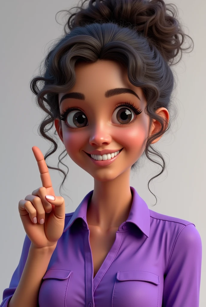 Create character in 3D drawing Brunette woman, 40 years old, very curly hair, rolled up and tied, black eyes, purple shirt, he making a positive sign
