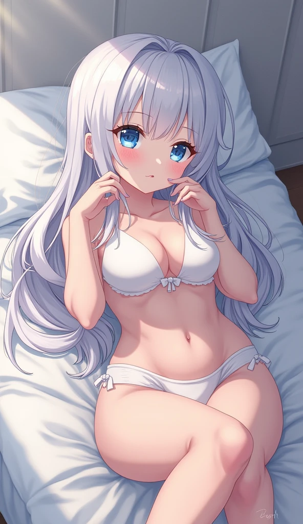 ​masterpiece、top-quality、Official art、Highly detailed CG Unity 8k wallpaper、credibly_absurderes、absurderes、(​masterpiece、top-quality:1.6)、(((White Micro Bikini)))、cowboy  shot、thighs thighs thighs thighs、beautiful a girl、looking at the viewers、on the beds、(((Are sleeping)))、blue eyess、(((White hair)))、Small waist、(((a navel)))、Official art、Raw foto、Incredibly ridiculous、face lights、Dynamic lighting、电影灯光、A hyper-realistic、hight resolution、a picture、foco nítido、highestdetailed、ighly detailed、detaile、extremely detailed eye and face、top-quality、resolution、illustratio、extra detailed face、独奏、1girl in、 Beautiful detailed eyes, Beautiful illustration、top-quality、Cute *********** s、Bedroom、(((teats)))、cleavage of the breast、(((bare-legged))),Lustrous skin, High contrast, ((masutepiece, Best Quality))、thighs thighs thighs thighs、Mansuji、mekosji、Underbust、(((top-quality、8K、​masterpiece、NSFW)))、perfectly cute girls、Delicate and smooth skin、real looking skin、Perfect and beautiful face、Perfect and cute face、(subjective perspective、showing the view from above)、(((Spread your legs apart))), Are sleeping、Lustrous skin, on the beds , lovely thighs、glowing thigh、Extraordinary lovely anime girl、watching at viewers