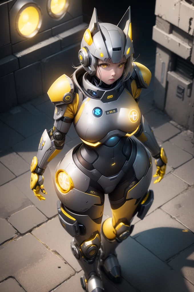 1girl, Female robot, superheroine, android girl, ager, (((gray with yellow accents robotic cyber armor))), (yellow cape), (yellow shinning core in the chest), (gray mechanic gloves), (gray armored boots), (metallic long beam saber), pale skin, (shinning yellow eyes), ((gray short shoulder length hair)), wide hips, thick thighs, narrow waist, ((standing on a rooftop)), ((futuristic city background)), (at night), (((only one character))), (((alone))), (((solo)))
