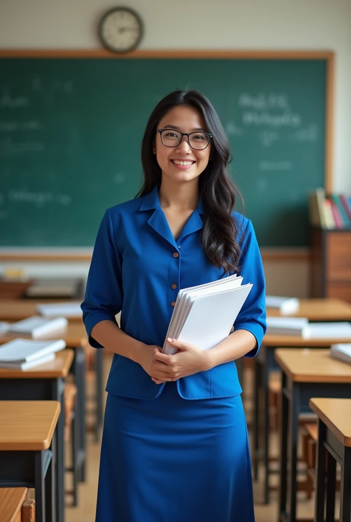 young teacher loose black hair, with glasses, royal blue uniform in the classroom in front of the blackboard,smiling, with folders in hand
