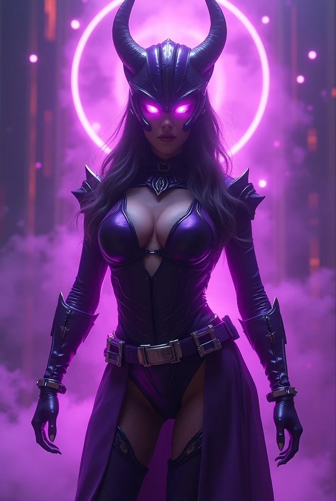 (photorealism:1.2)

Create an image of a female Power Ranger character named "Violet Vixen," who is a seductive and evil warrior. She possesses a curvaceous and perfect body, exuding a powerful and alluring presence. The character wears a Power Ranger suit with a color scheme dominantly purple, reminiscent of the mighty morphing suit design. Her suit should feature intricate details and fabric textures similar to the classic Power Ranger costume.

Violet Vixen's Power Ranger helmet is distinctive, adorned with menacing horns that add to her sinister appearance. The helmet should be sleek and futuristic, with a touch of elegance and danger. Her eyes should be visible through the helmet, glowing with a malevolent light.

The character is surrounded by a radiant purple aura that emphasizes her wicked power and seductive nature. The aura should be mystical and captivating, enhancing her villainous charm. The background should be dynamic and energetic, reflecting the intense and enigmatic personality of the character.

Focus on capturing the contrast between her alluring beauty and her dark, evil nature in the image. Ensure that every detail, from the design of the suit to the expression on her face, conveys the essence of Violet Vixen as a formidable and captivating antagonist.


((Make Power Ranger accurate suit.))
