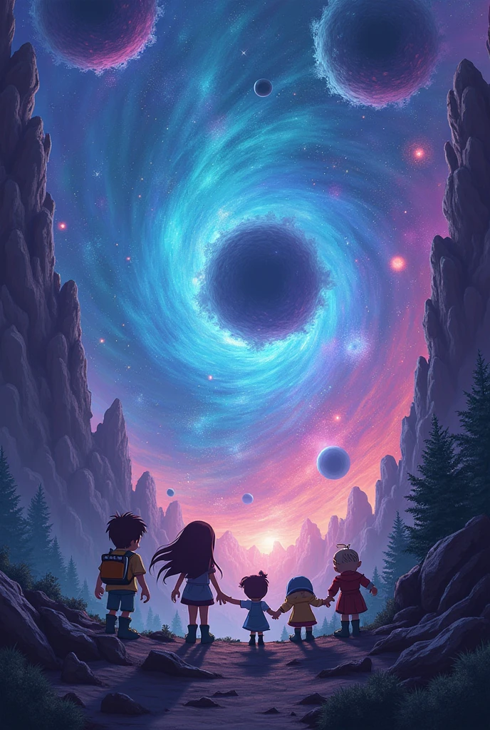 Create an image where the Gravity Falls characters are, galaxy wander