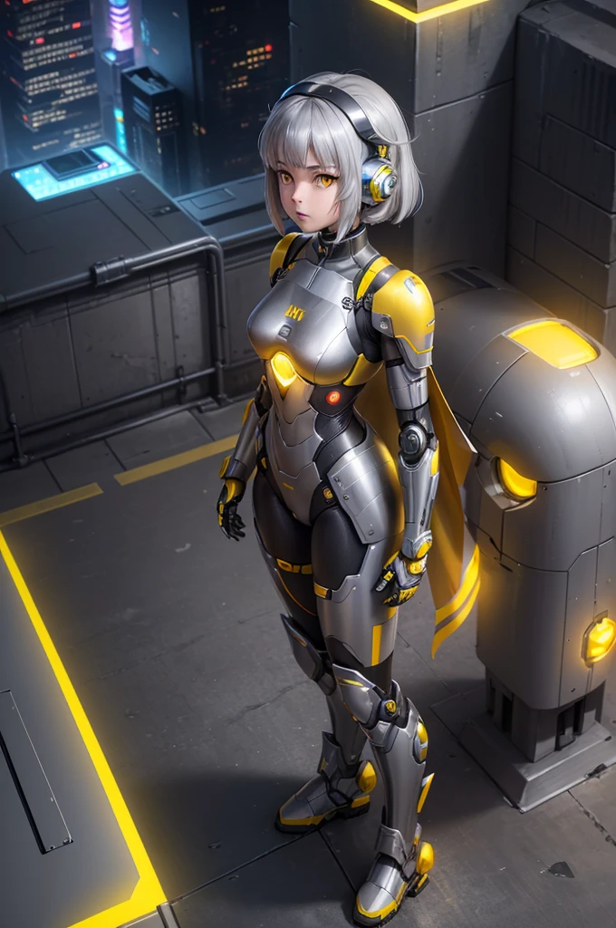 1girl, Female robot, superheroine, android girl, ager, (((gray with yellow accents robotic cyber armor))), (yellow cape), (yellow shinning core in the chest), (gray mechanic gloves), (gray armored boots), (metallic long beam saber), pale skin, (shinning yellow eyes), ((gray short shoulder length hair)), wide hips, thick thighs, narrow waist, ((standing on a rooftop)), ((futuristic city background)), (at night), (((only one character))), (((alone))), (((solo)))