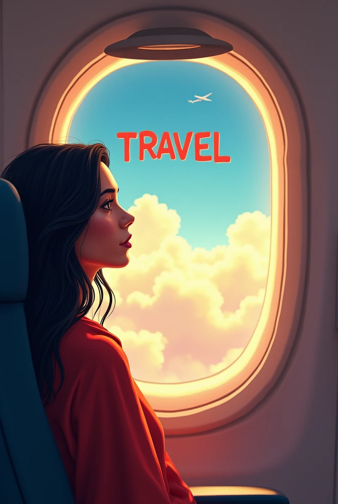 Create an image in vertical format, that reflects a Latina woman sitting inside an airplane looking out the airplane window, May the sky read the word TRAVEL