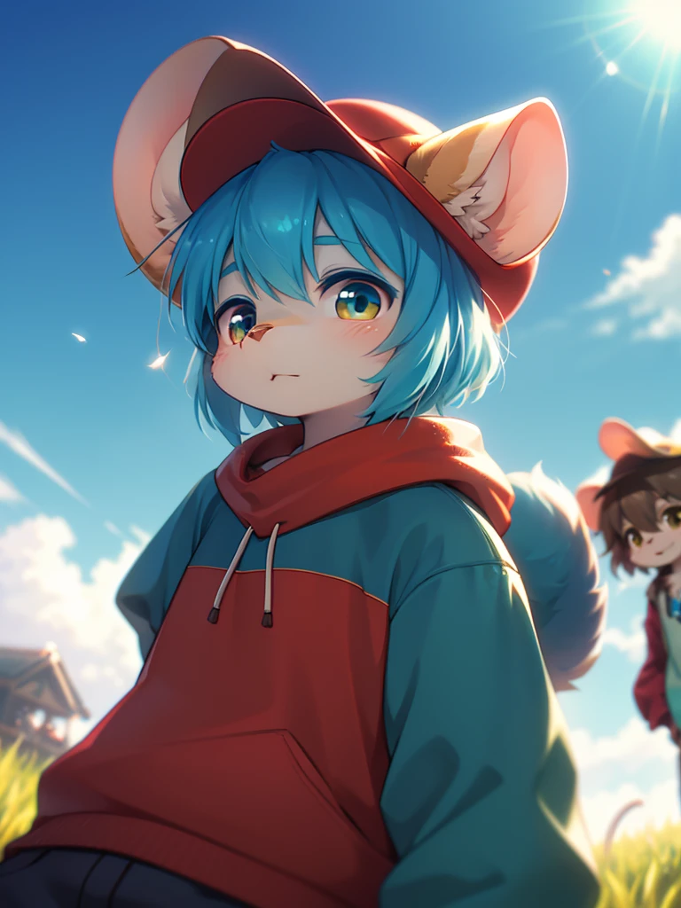 (Sumilux f1.4 50mm , low Latitude old color negative film , cross process , (bokeh), Long exposure, flare, chromatic aberration , soft focus, (Shallow focus) , soft glow , Maximum aperture, high Key , Transparent depiction , Tyndall) , Two field mice. The one wearing a blue hat and clothes is "Guri", and the one wearing a red hat and clothes is "Gura", but apart from that they are almost indistinguishable in appearance.