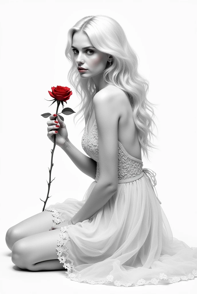 The masterfully executed pencil drawing depicts an unearthly beauty with platinum hair falling in soft waves. The heroine, dressed in an airy patterned dress, sits gracefully on the floor, radiating magical charm. She gracefully holds in her hand a luxurious red rose with thorns on the stem. Symbolizing her delicate vulnerability, the minimalistic light background highlights the delicate details of her skin, clothes and serene facial expression, creating a charming and captivating portrait embodying the essence of eternal beauty.
