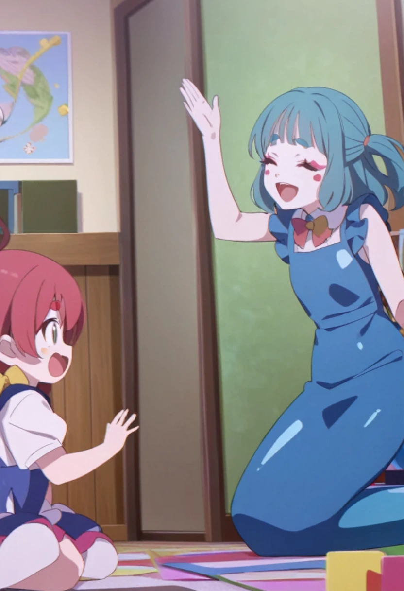 Live Action　A Japanese kindergarten girl and two researchers　Wearing a blue rubber dress　Mermaid.　Clown Makeup　latex　Blue face