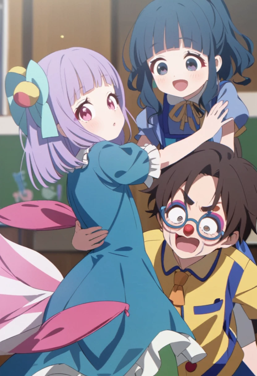 Live Action A Japanese kindergarten girl and two researchers Wearing a blue rubber dress Mermaid. Clown Makeup latex Blue face
