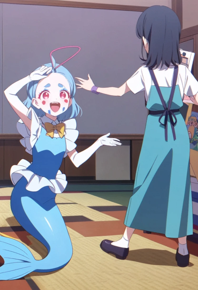 Live Action　A Japanese kindergarten girl and two researchers　Wearing a blue rubber dress　Mermaid.　Clown Makeup　latex　Blue face