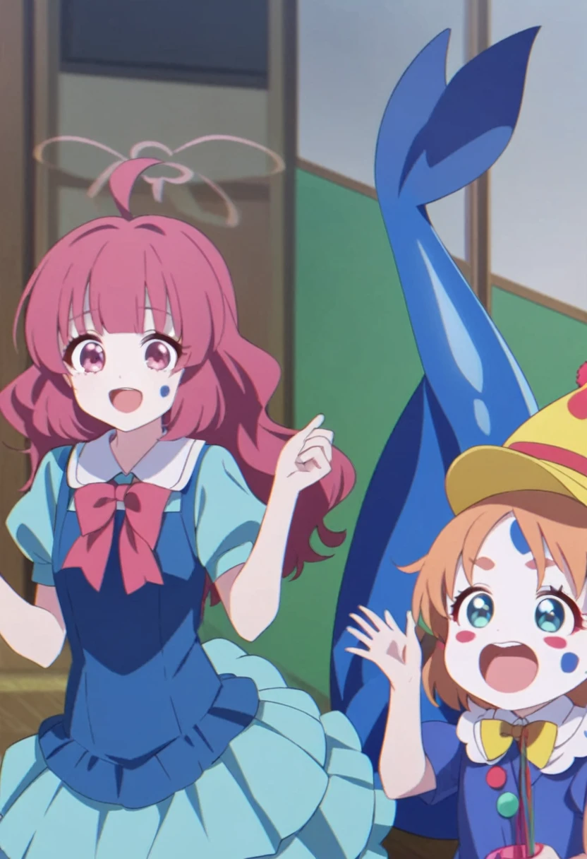Live Action　A Japanese kindergarten girl and two researchers　Wearing a blue rubber dress　Mermaid.　Clown Makeup　latex　Blue face