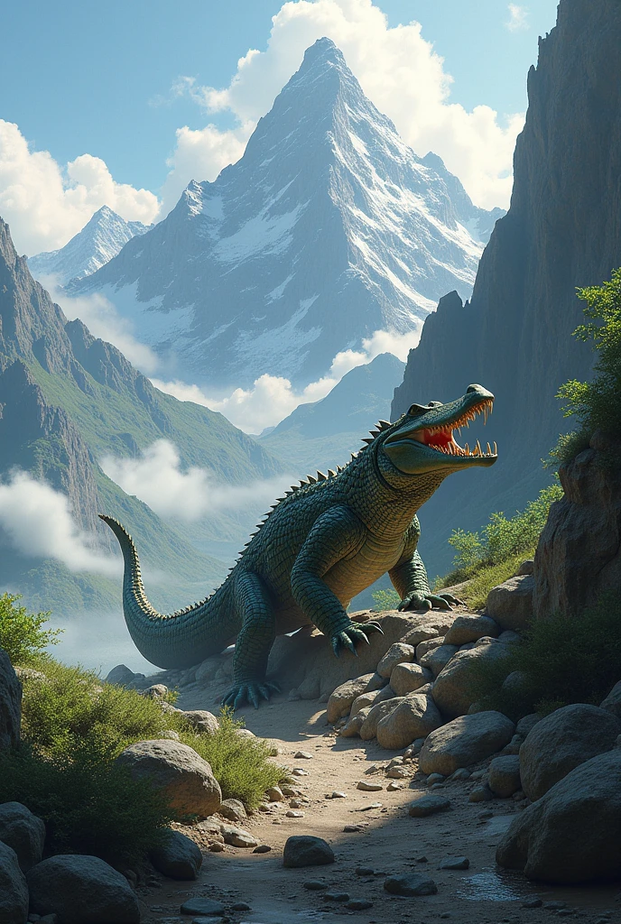 Alligator walking on the mountain 
