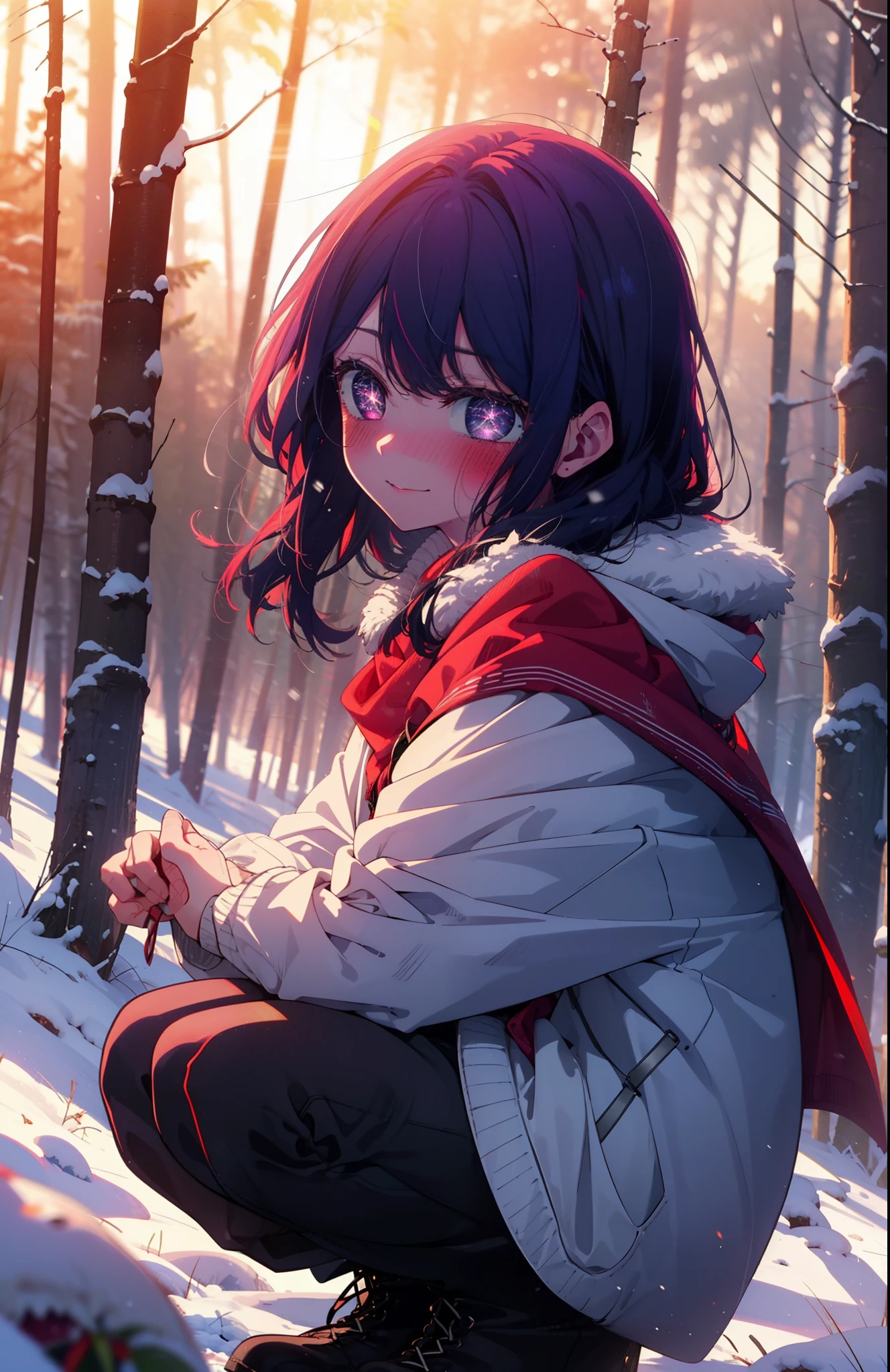 aihoshino, Ai Hoshino, Long Hair, bangs, (Purple eyes:1.1), Purple Hair, (Symbol-shaped pupil:1.5), smile,,smile,blush,white breath,
Open your mouth,snow,Ground bonfire, Outdoor, boots, snowing, From the side, wood, suitcase, Cape, Blurred, , forest, White handbag, nature, Squat, Mouth closed, Cape, winter, Written boundary depth, Black shoes, red Cape break looking at viewer, Upper Body, whole body, break Outdoor, forest, nature, break (masterpiece:1.2), Highest quality, High resolution, unity 8k wallpaper, (shape:0.8), (Beautiful and beautiful eyes:1.6), Highly detailed face, Perfect lighting, Highly detailed CG, (Perfect hands, Perfect Anatomy),