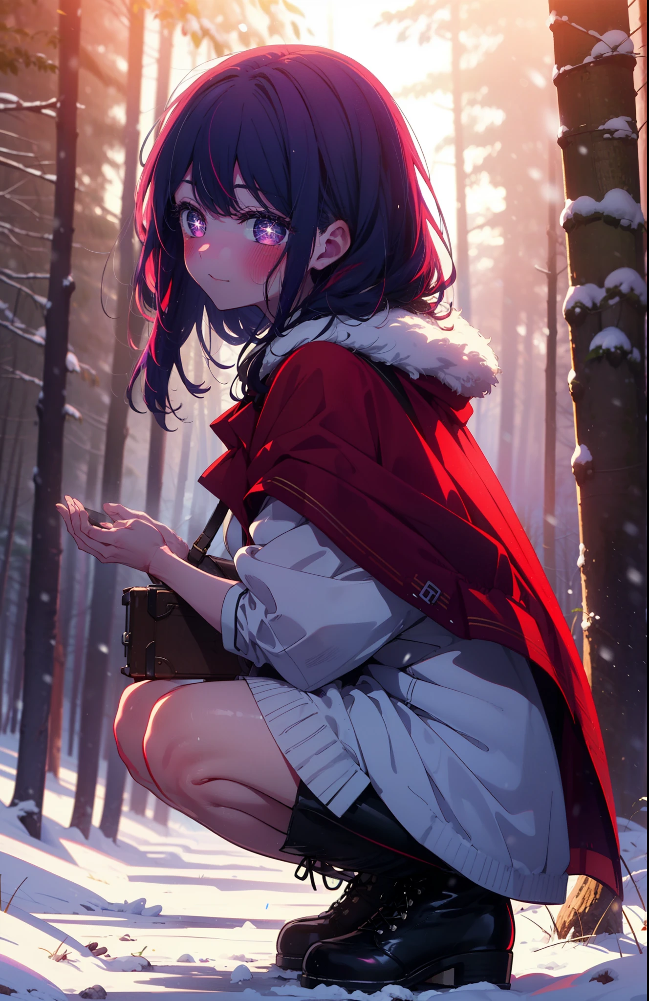 aihoshino, Ai Hoshino, Long Hair, bangs, (Purple eyes:1.1), Purple Hair, (Symbol-shaped pupil:1.5), smile,,smile,blush,white breath,
Open your mouth,snow,Ground bonfire, Outdoor, boots, snowing, From the side, wood, suitcase, Cape, Blurred, , forest, White handbag, nature, Squat, Mouth closed, Cape, winter, Written boundary depth, Black shoes, red Cape break looking at viewer, Upper Body, whole body, break Outdoor, forest, nature, break (masterpiece:1.2), Highest quality, High resolution, unity 8k wallpaper, (shape:0.8), (Beautiful and beautiful eyes:1.6), Highly detailed face, Perfect lighting, Highly detailed CG, (Perfect hands, Perfect Anatomy),