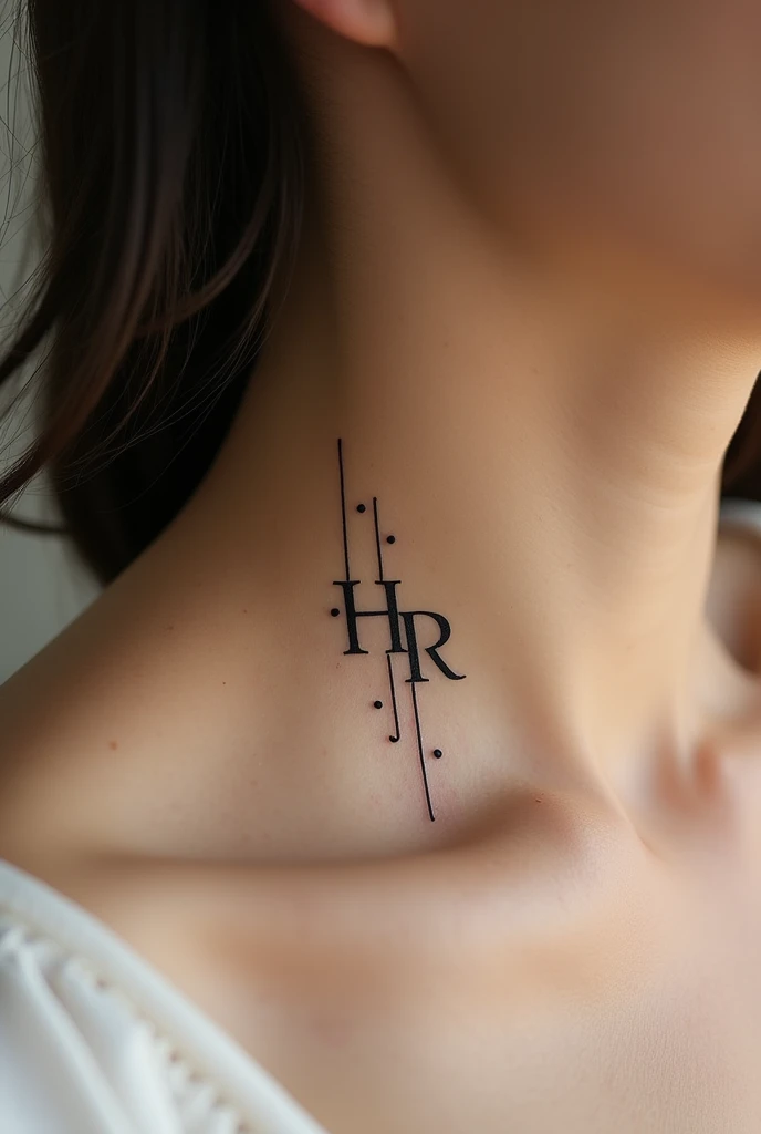 A minimalist tattoo with the initials of my name and my partner&#39;s name H and R on the neck with lines and dots