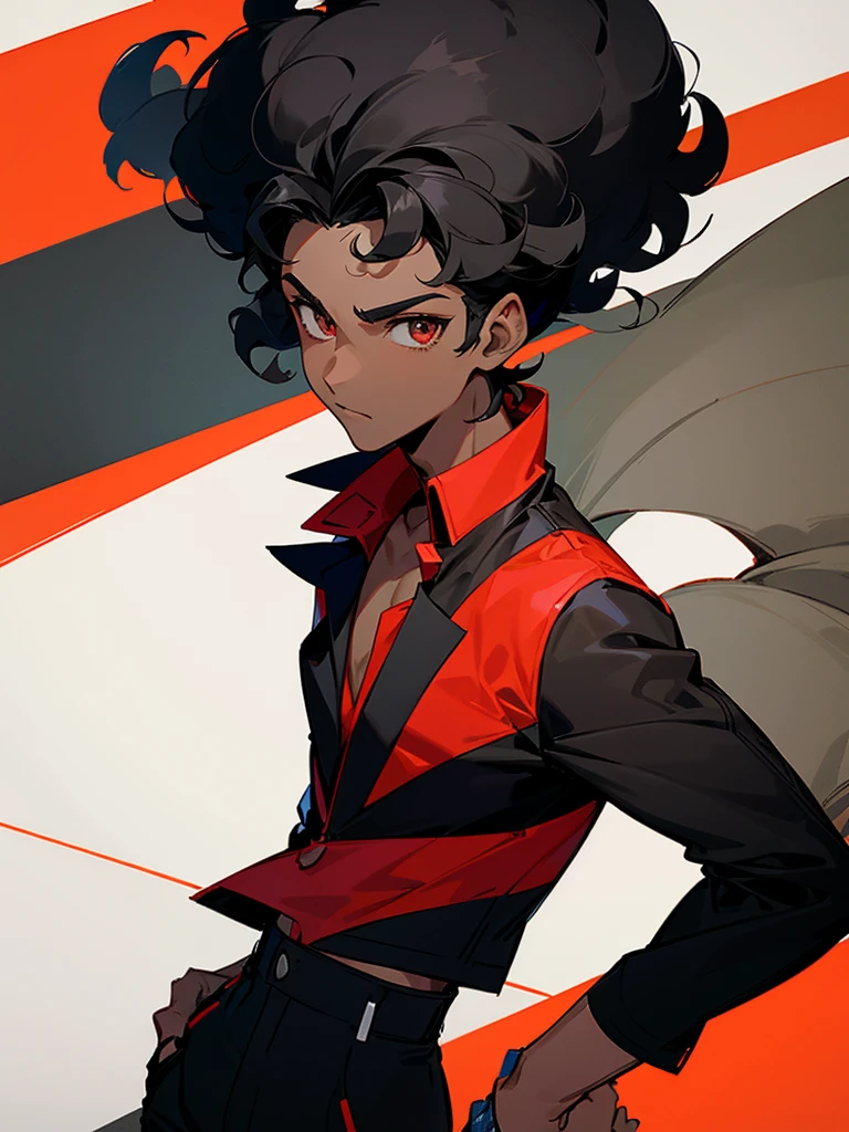 Image of a dark-skinned boy with curly black hair wearing a red shirt and a black jacket over it, with design based on the style of a pokemon trainer.
