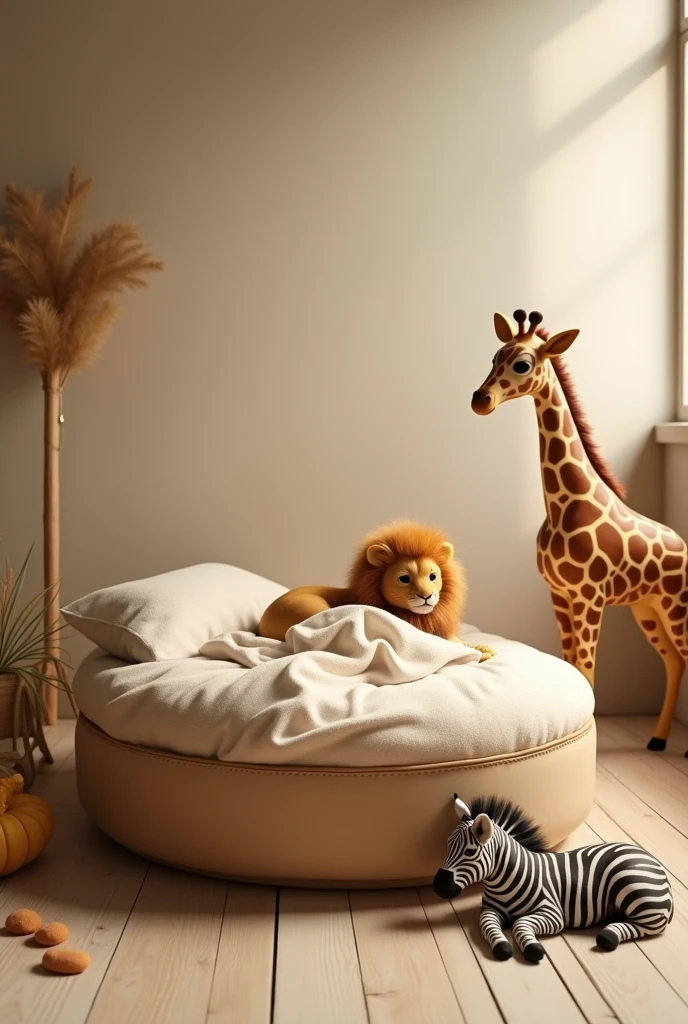 Create a photographic background for me with a real New Born scene with a safari theme, in the scene there is an empty round bed, on the bed there is no one on top, the bed is empty, around the bed there is a baby lion, there is a baby zebra and there is a baby giraffe and they are lying around the bed outside the bed, the animals are lying on the floor