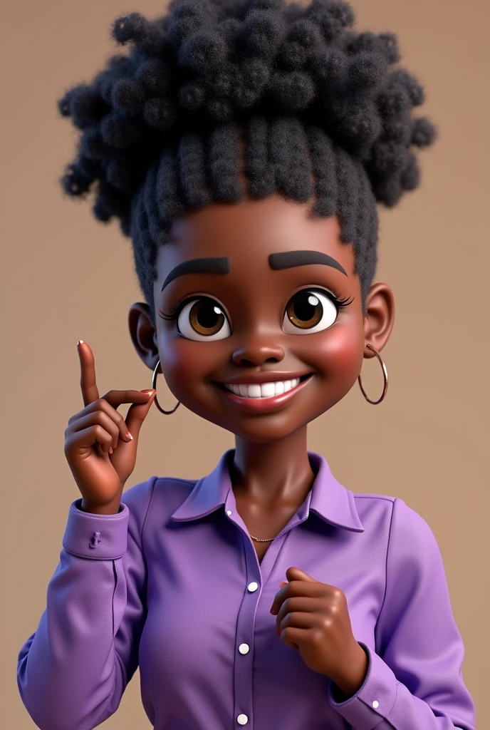 Create character in 3D drawing 40 year old black woman very curly hair rolled up and tied black eyes purple shirt he making positive sign