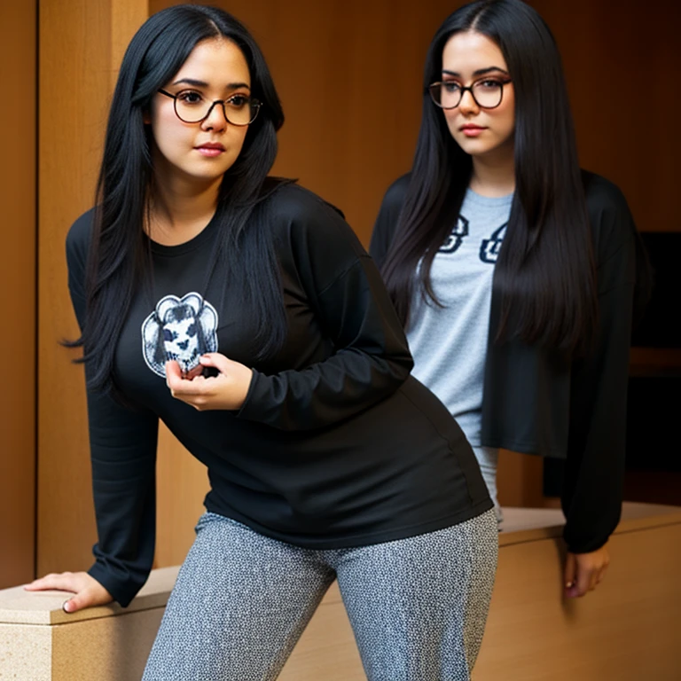 beautiful detailed, cute face, , medium black hair, black hair over one eye, glasses, long sleeve T-shirt, long pants, pearshaped wide hips, thick thighs, solo, Emo, voluptuous breasts,
