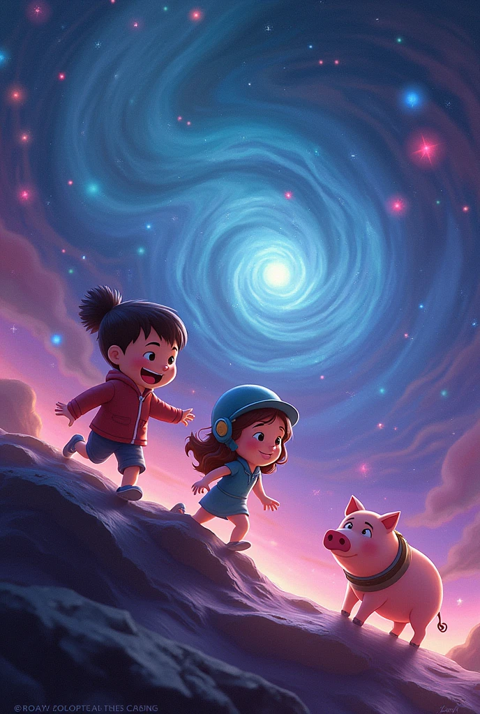 Create an image where the Gravity Falls characters are, galaxy wander las series 
