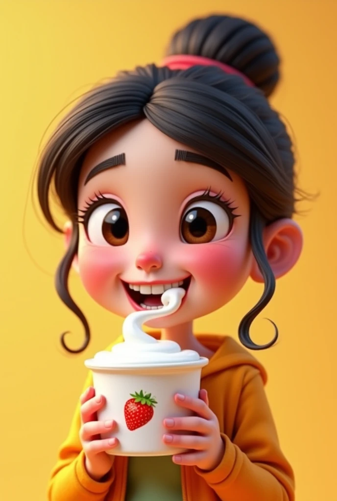An animated woman eating yogurt