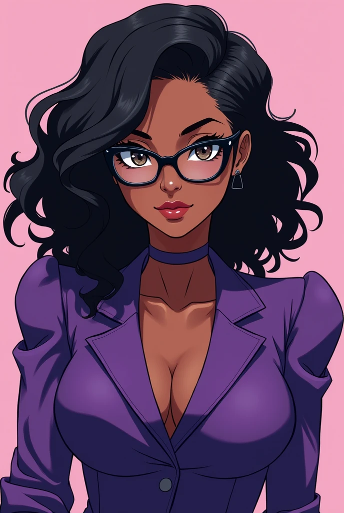 Anime brunette girl 23 years old with dark skin hazel eyes with glasses sharp nose lip curly black hair purple clothes