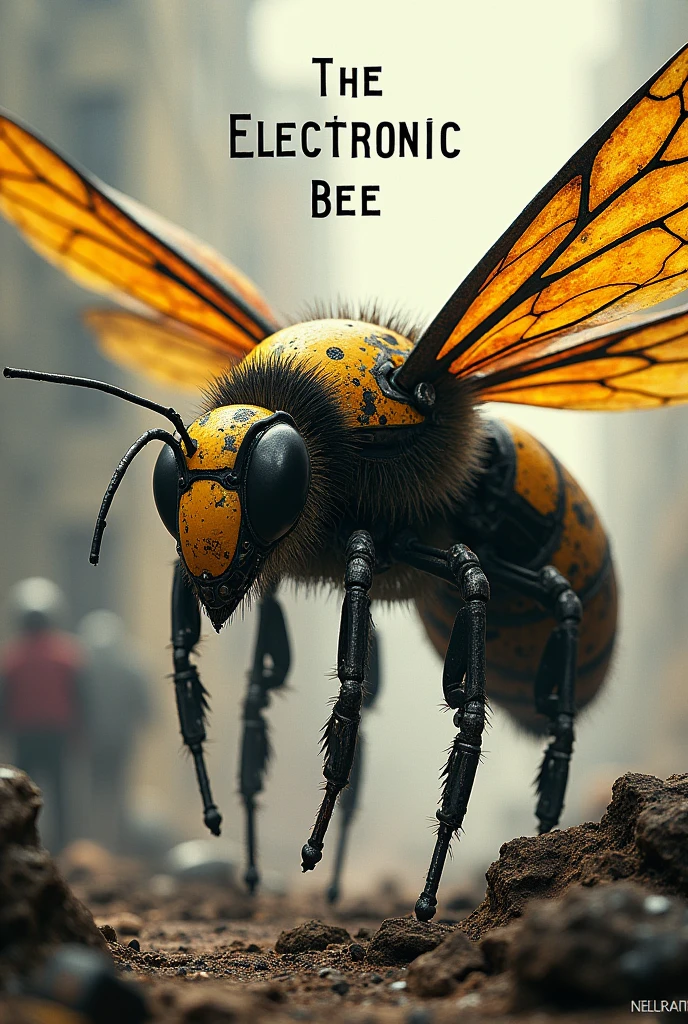 Cover of a beautiful song called The Electronic Bee, with the song's name written in English, and a background of battle wreckage and an iron bee.