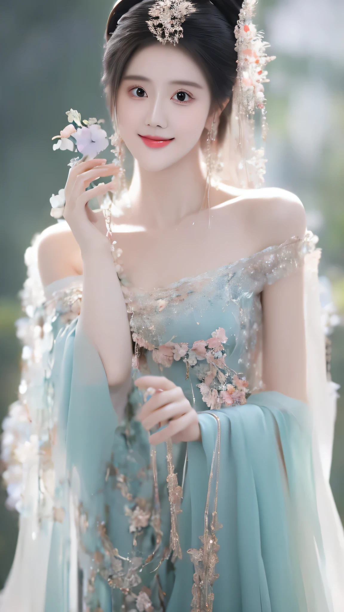 Cute and beautiful Chinese woman, Smile, Shy, Light makeup, A large proportion, Background pastel color scheme, Soft and fluffy calming effect, Leaky shoulders,Shadow Effect, Gradient Magic Effect, (Extremely detailed, Absolute resolution, best quality:1.3), 2.5D, Delicate and dynamic, Art Photography, Surrealism, Graphics CG Digital Art