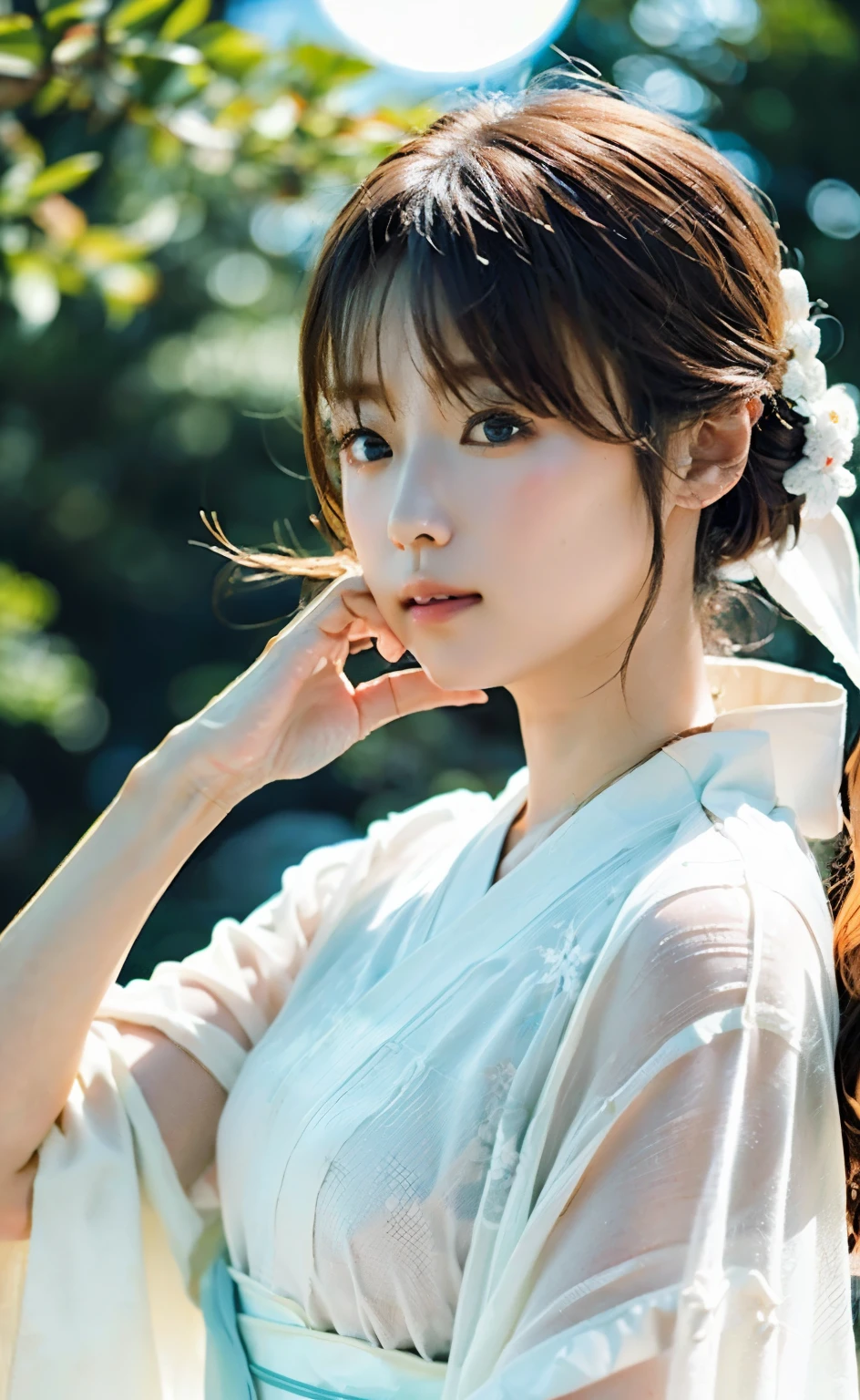 (((Perfect limbs and body with detailed depictions of the limbs based on perfect anatomy, no extra arms))),4k shooting captures the essence of movement,First Person,(((白い薄い和服を着て夜に雪山の岩に膝を揃えて腰を下ろして休んでいる美Shii雪女))),(((In the moonlight of a late night when snow is falling heavily, a snow woman in a white kimono stands out as she gazes at the moon.))),masterpiece,色白の透き通るような肌が眩Shii,The pure white kimono stands out,Lift your chin and place your hand on your cheek,((Full-body 4K profile shot of bare feet with the moon in the background)),20-year-old, Glossy long chestnut hair is sexy,((Gravure photoshoot in the snowy mountain forest)),Long eyelashes,Big eyes,double eyelid,((Glossy red and thick lips)),Deep depth of field photography with Hasselblad,Outdoor detailed background,Best image quality,Professional perspective,素晴らShiiディテール,Ultra-high resolution,Realistic:1.4,Attention to detail,The beauty is concentrated on one girl.,栗色の美Shiiロングヘアーが風になびく,繊細で鼻が高く美Shii顔,Long limbs like a model,Tight waist,チラ見えする白い肌が眩Shii,god々Shii,Cinematic Production,