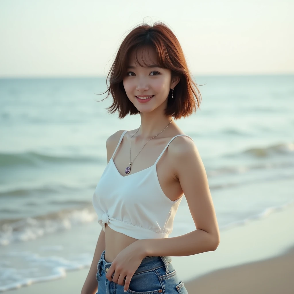 Photorealistic portrait of a fabulous, film grain, Highest quality, Ultra-high resolution, Japanese woman, 25years old, Height: 165 cm, slim,  long face, fashion model posing, side shot, looking at the camera, short hair, shoulder length, brown hair, shy smile, flirty, jeans, necklace, at shore, Walking, Leaning Forward