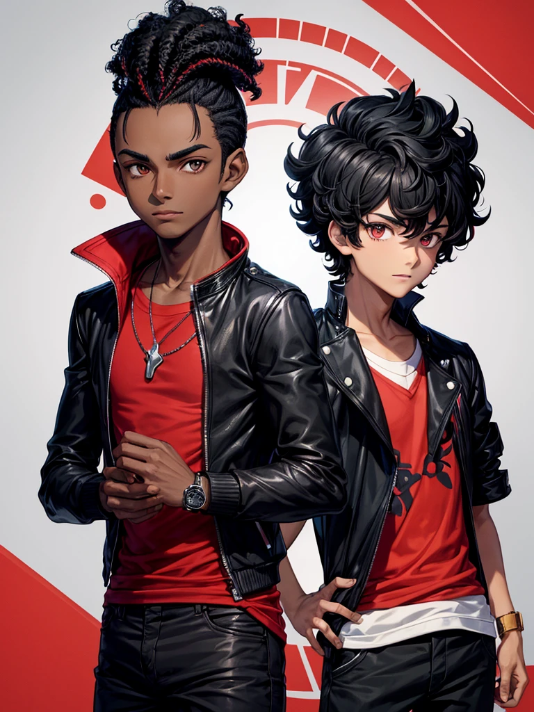 Image of a dark-skinned boy with curly black hair wearing a red shirt and a black jacket over it, with design based on the style of a pokemon trainer.