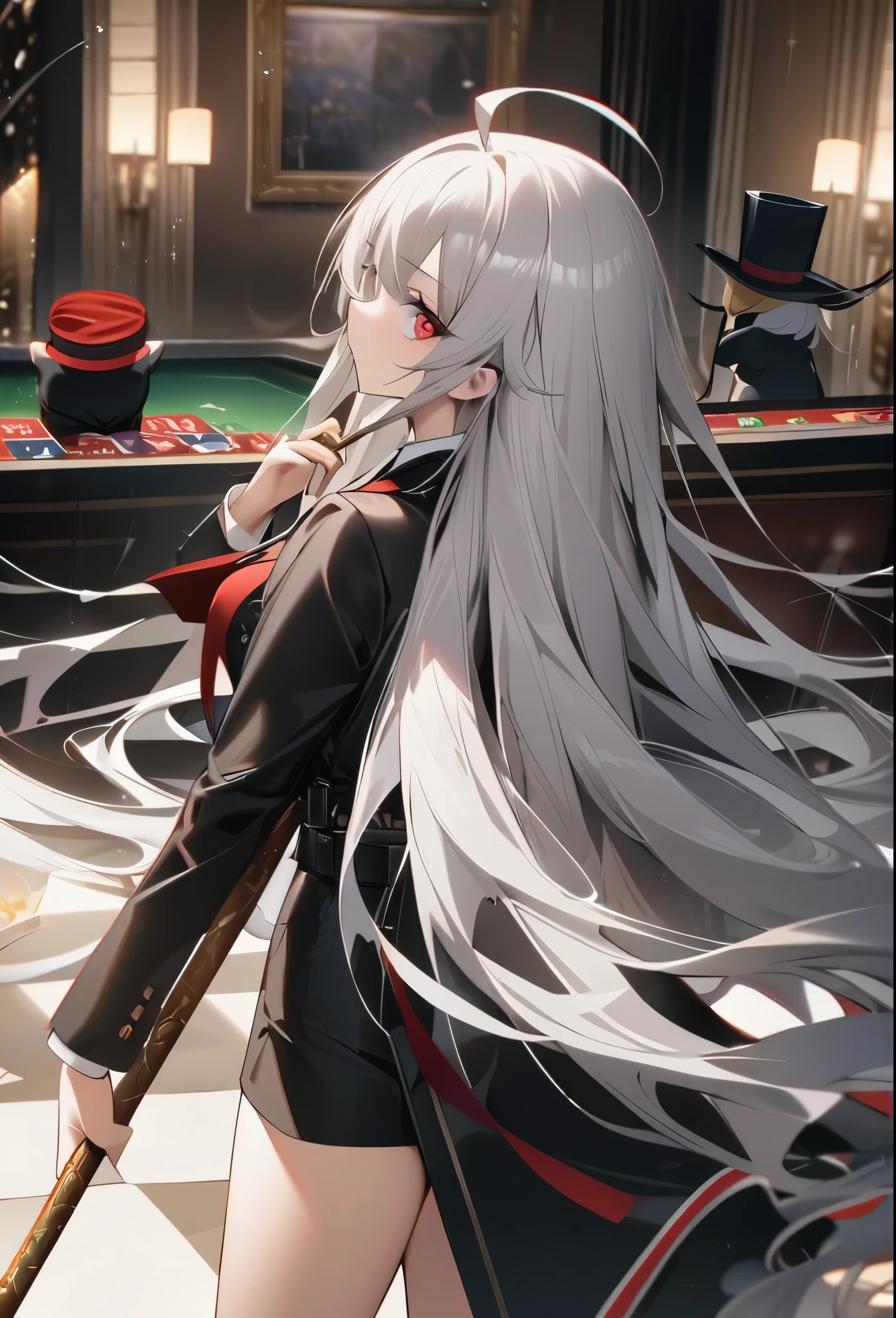 One Girl, Gray Hair, Super long hair、Red eyes, (White eyelashes:1.2), Dressed like a casino staff member、Black jacket、Top Hat、very thin body、I have a wand、Ahoge、tie、skirt、belt、High resolution, Highest quality, Very detailed, 超High resolution, Trump is being scattered、Red aura、Combat readiness