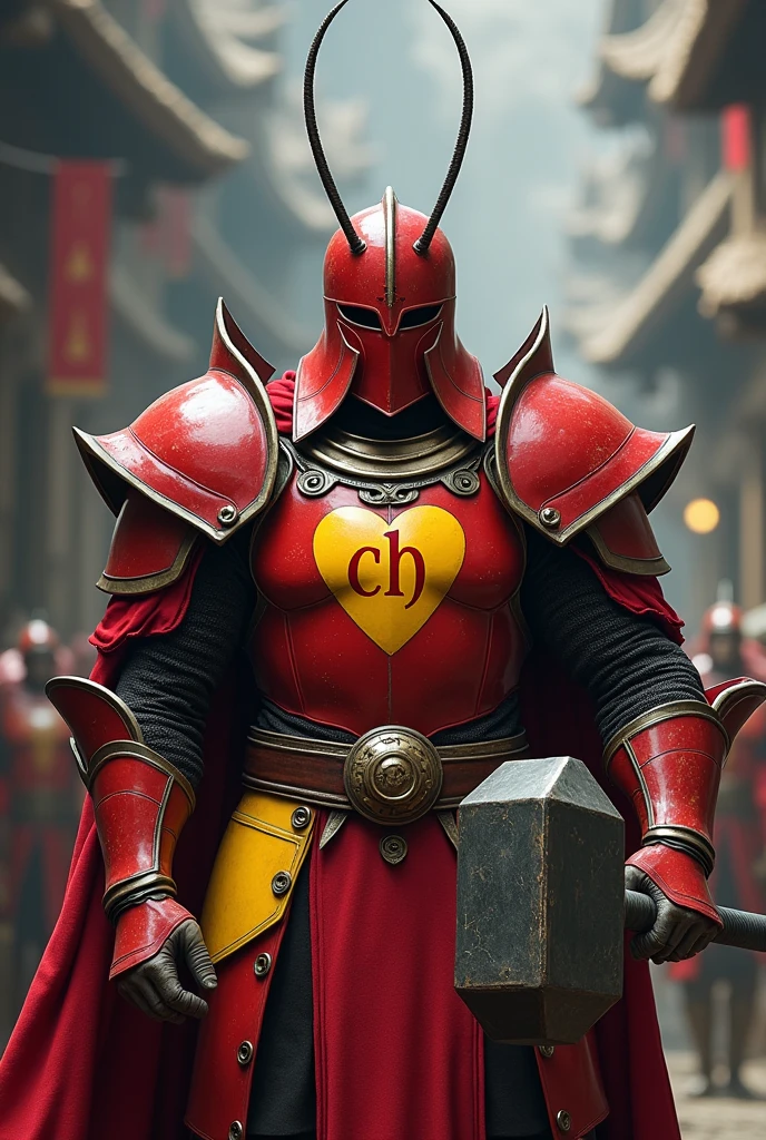 A man in red medieval armor with yellow hips. He holds a large war hammer in his hands. Two thin antennas emerge from his helmet..

On the chest of his armor is painted a yellow heart with the letters "ch" in red 