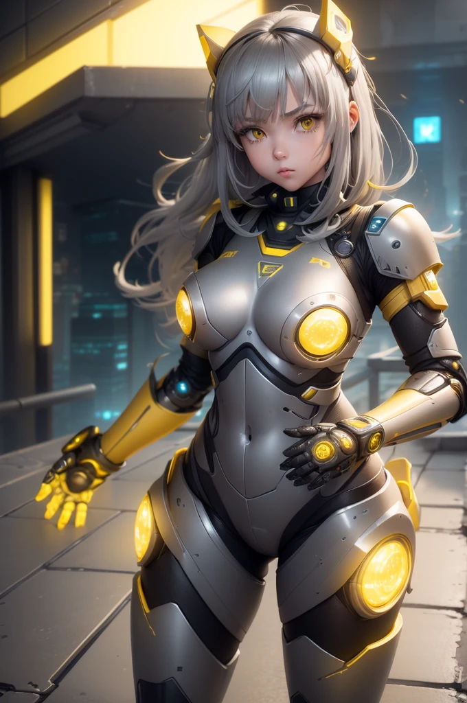 1girl, Female robot, superheroine, android girl, ager, (((gray with yellow accents robotic cyber armor))), (yellow cape), (yellow shinning core in the chest), (gray mechanic gloves), (gray armored boots), (metallic long beam saber), pale skin, (shinning yellow eyes), ((gray short shoulder length hair)), wide hips, thick thighs, narrow waist, ((standing on a rooftop)), ((futuristic city background)), (at night), (((only one character))), (((alone))), (((solo)))