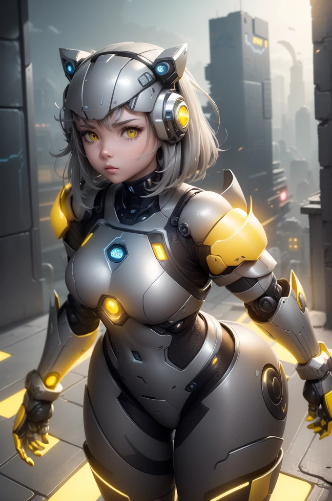 1girl, Female robot, superheroine, android girl, teenager, (((gray with yellow accents robotic cyber armor))), (yellow cape), (yellow shinning core in the chest), (gray mechanic gloves), (gray armored boots), (metallic long beam saber), pale skin, (shinning yellow eyes), ((gray short shoulder length hair)), wide hips, thick thighs, narrow waist, ((standing on a rooftop)), ((futuristic city background)), (at night), (((only one character))), (((alone))), (((solo)))