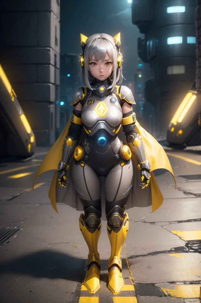 1girl, Female robot, superheroine, android girl, teenager, (((gray with yellow accents robotic cyber armor))), (yellow cape), (yellow shinning core in the chest), (gray mechanic gloves), (gray armored boots), (metallic long beam saber), pale skin, (shinning yellow eyes), ((gray short shoulder length hair)), wide hips, thick thighs, narrow waist, ((standing on a rooftop)), ((futuristic city background)), (at night), (((only one character))), (((alone))), (((solo)))