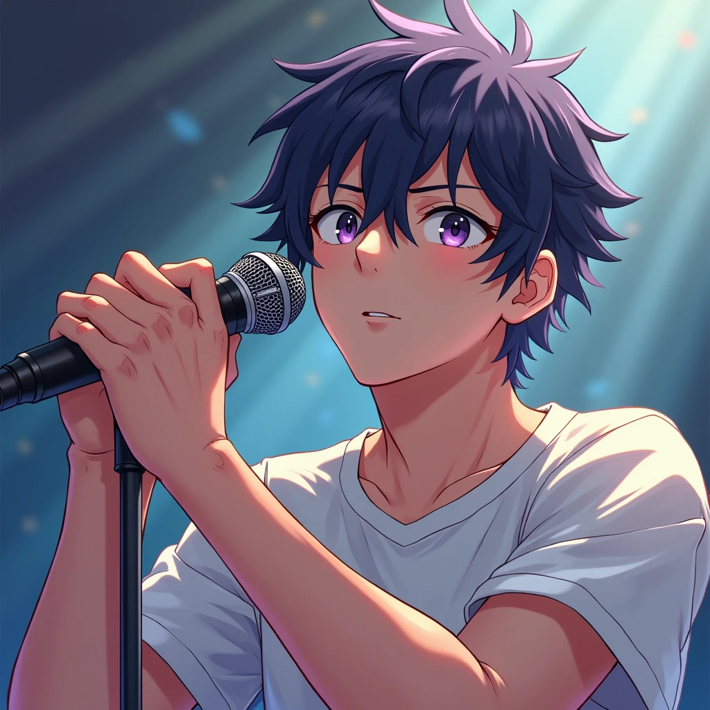 Man wearing a tshirt , hold a microphone, head side view , fantasy rpg , close up, anime